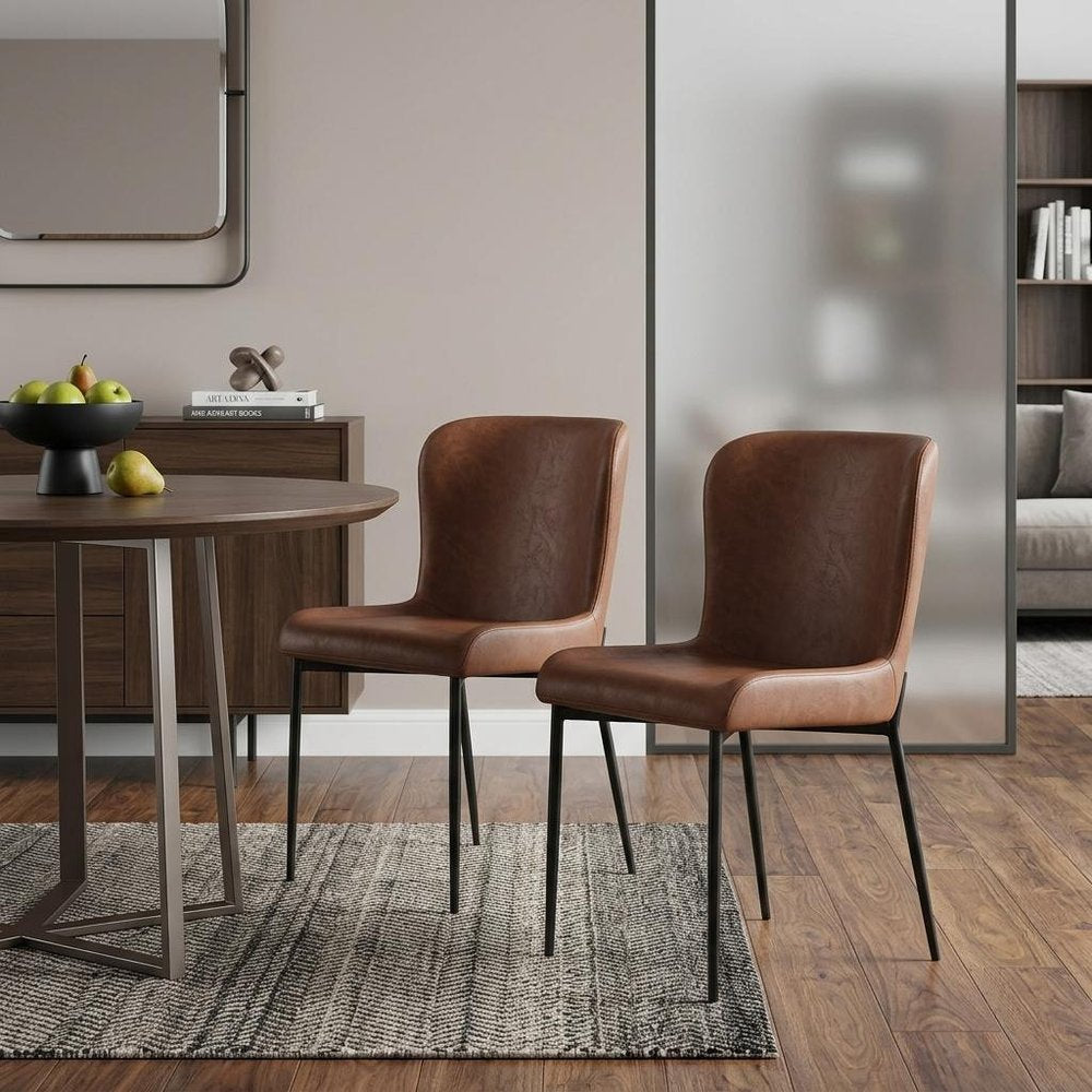 Set of Two Brown And Black Slipcovered Faux Leather And Wood Dining Side Chairs