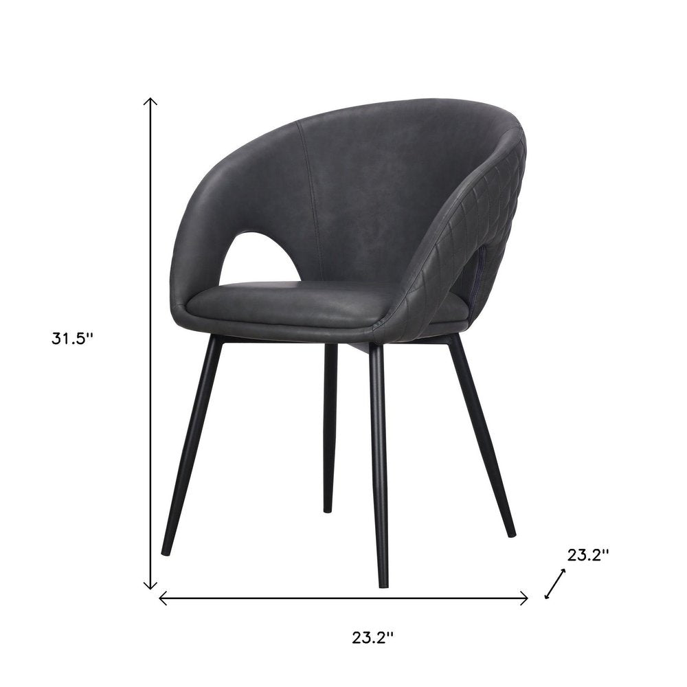 Set of Four Dark Gray And Black Tufted Faux Leather And Wood Partially Open Back Dining Arm Chairs