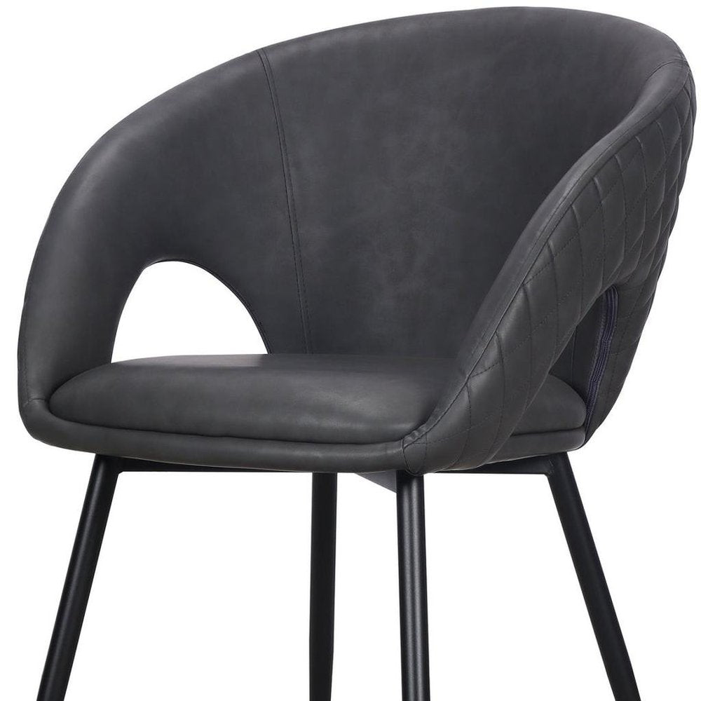 Set of Four Dark Gray And Black Tufted Faux Leather And Wood Partially Open Back Dining Arm Chairs