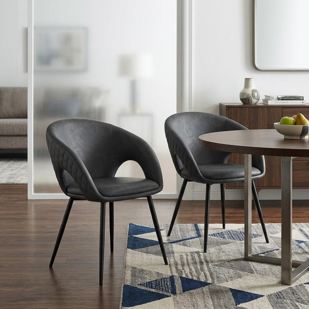 Set of Four Dark Gray And Black Tufted Faux Leather And Wood Partially Open Back Dining Arm Chairs