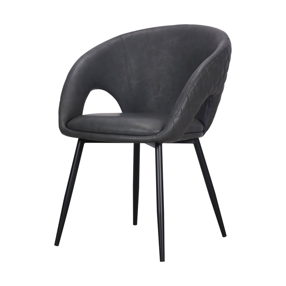 Set of Four Dark Gray And Black Tufted Faux Leather And Wood Partially Open Back Dining Arm Chairs