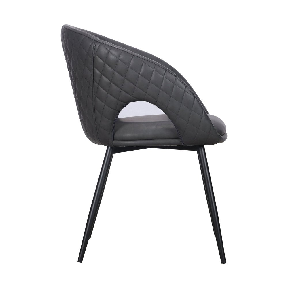 Set of Four Dark Gray And Black Tufted Faux Leather And Wood Partially Open Back Dining Arm Chairs