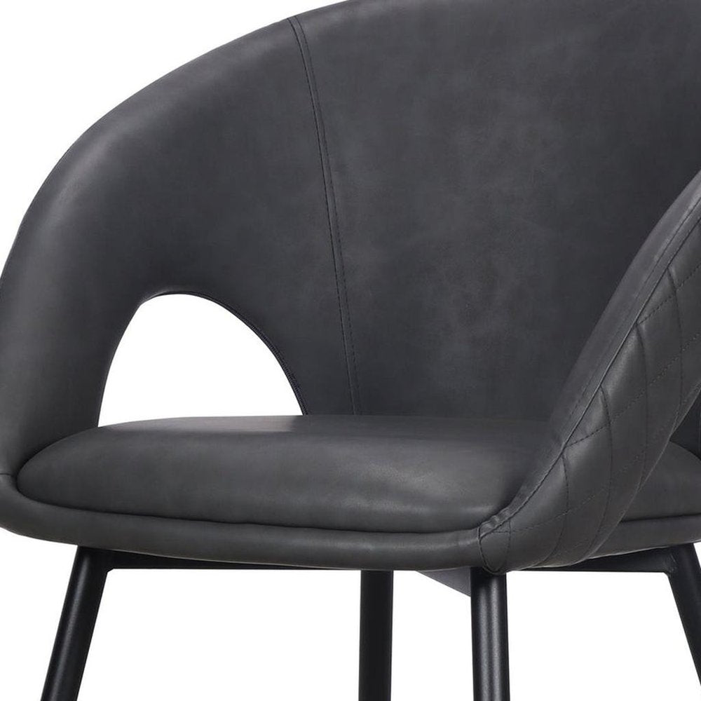 Set of Four Dark Gray And Black Tufted Faux Leather And Wood Partially Open Back Dining Arm Chairs