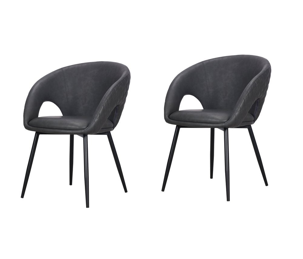 Set of Four Dark Gray And Black Tufted Faux Leather And Wood Partially Open Back Dining Arm Chairs