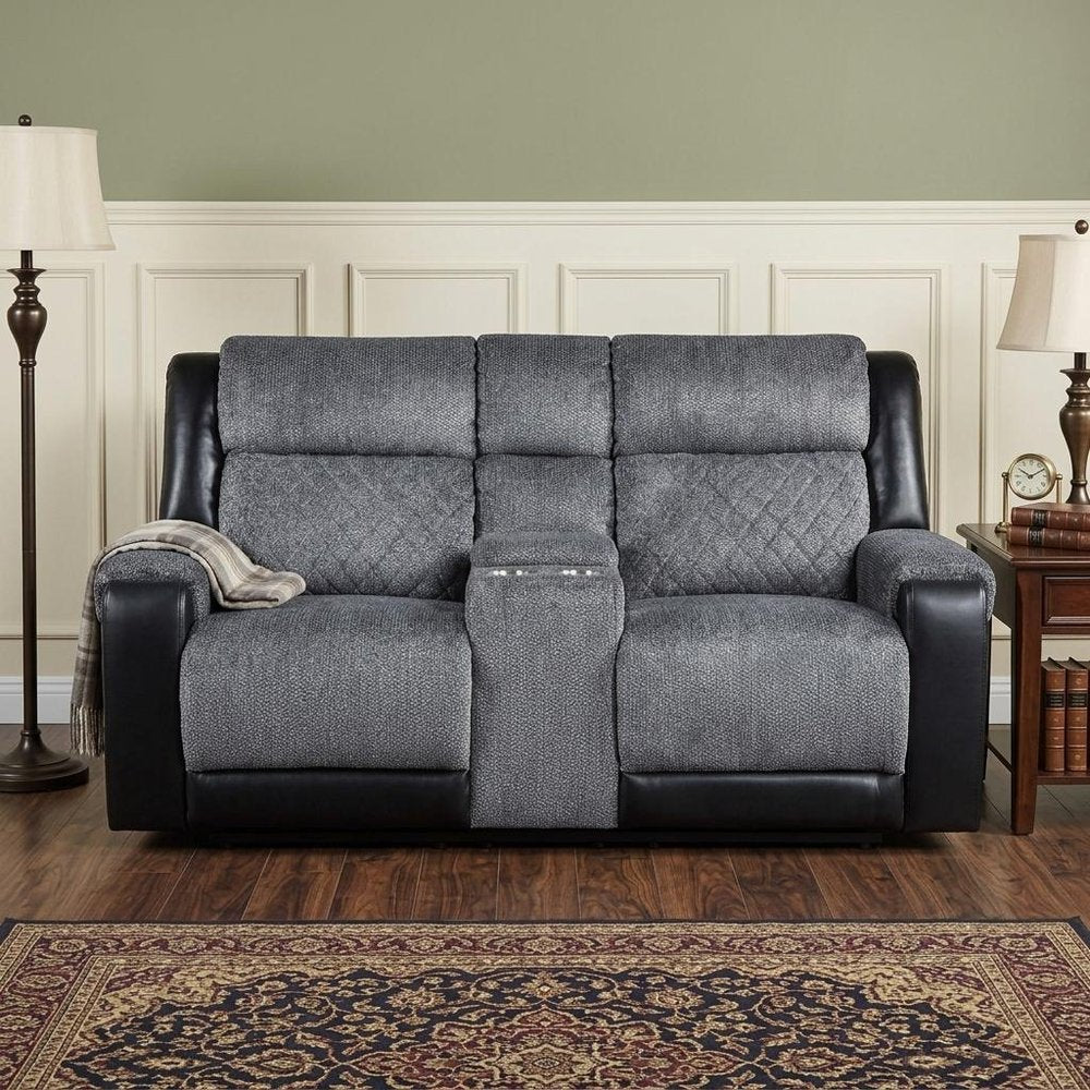76" Gray and Black Faux Leather and Microfiber Manual Reclining Loveseat With Storage