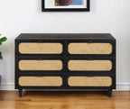 56" Black And Natural Solid Wood And Rattan Six Drawer Double Dresser