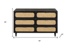 56" Black And Natural Solid Wood And Rattan Six Drawer Double Dresser