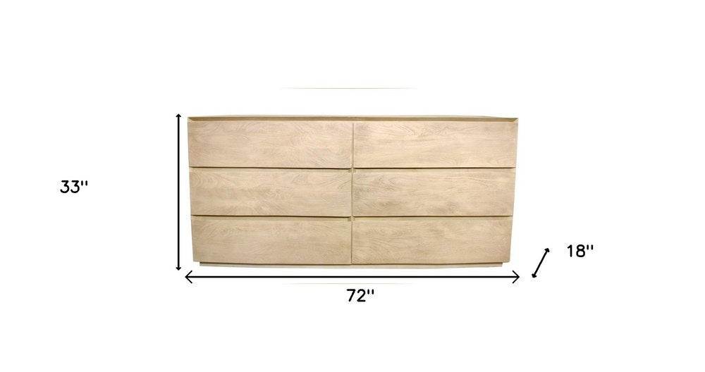 72" Natural Solid Wood Six Drawer Double Dresser