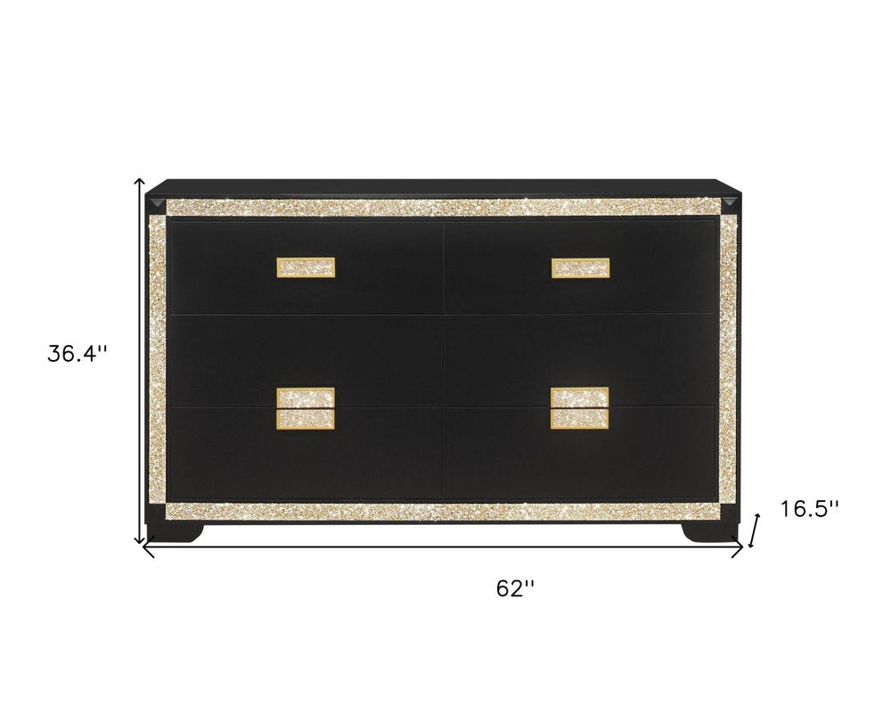 62" Black And Gold Faux Crystal Bling Wood Six Drawer Double Dresser
