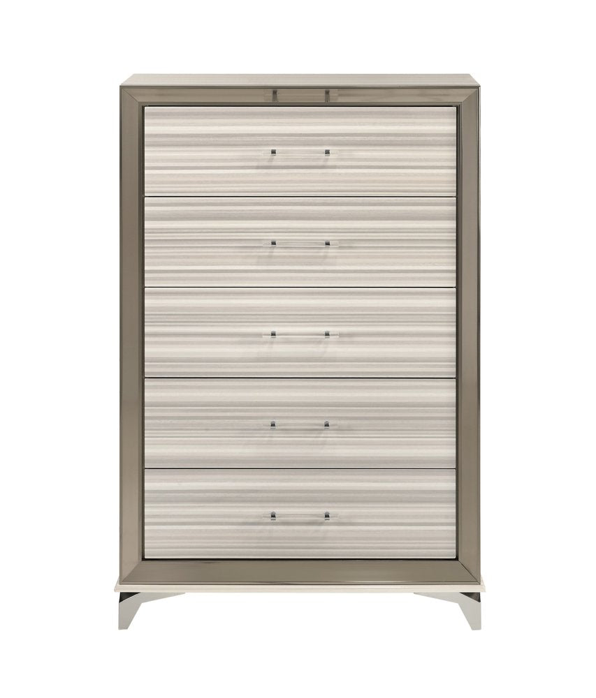 53" Beige And White Wood Lighted Five Drawer Dresser