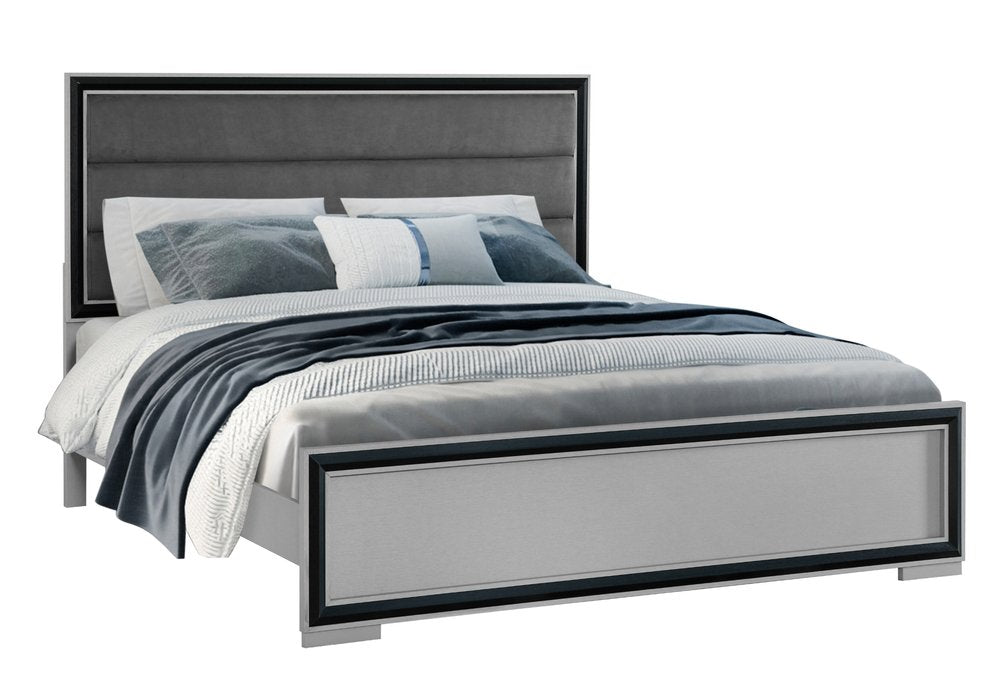 Gray Ribbed Texture Wood And Upholstery Queen Bed Frame