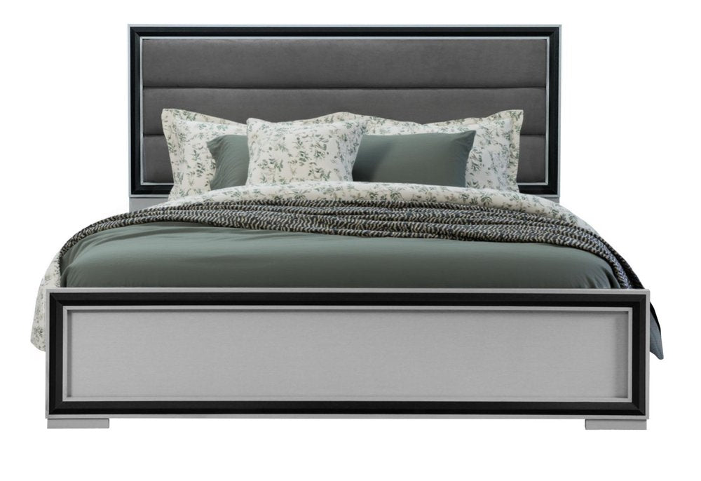 Gray Ribbed Texture Wood And Upholstery Queen Bed Frame