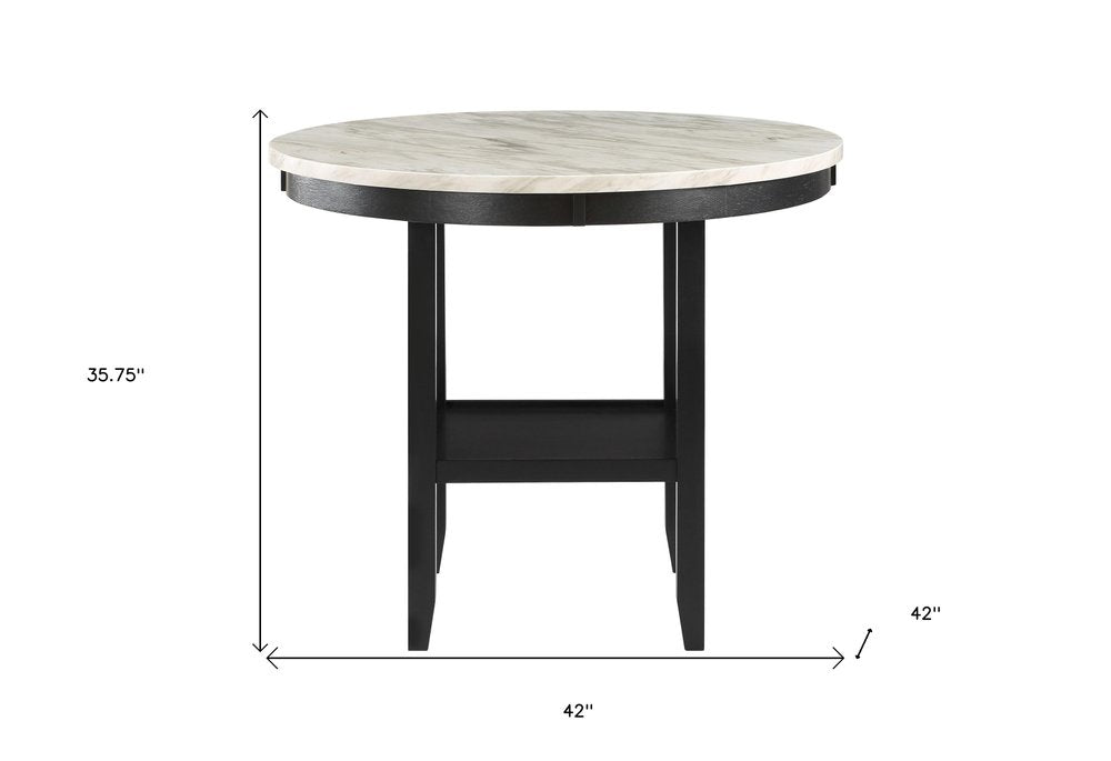 42" White and Black Wood And Faux Marble Round Counter Height Bar Table