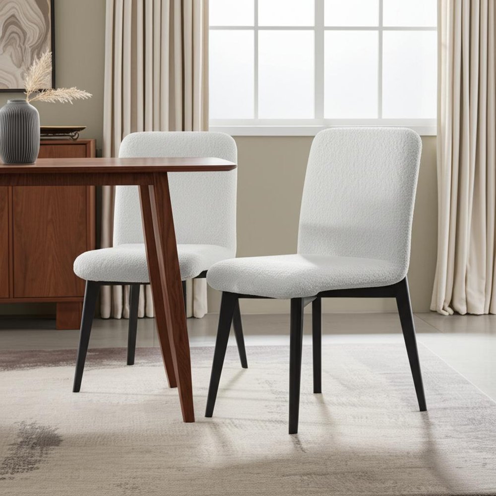 Set of Two White and Black Upholstered Boucle Dining Side Chairs