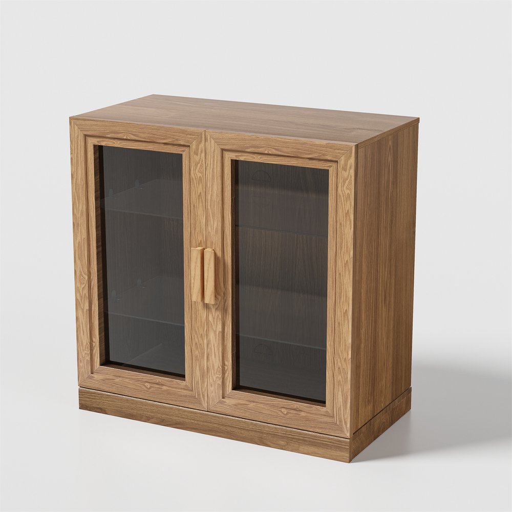 31" Natural And Clear Glass Door Accent Cabinet With Three Shelves