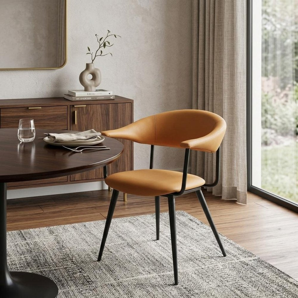 Brown And Black Faux Leather And Steel Open Back Dining Arm Chair