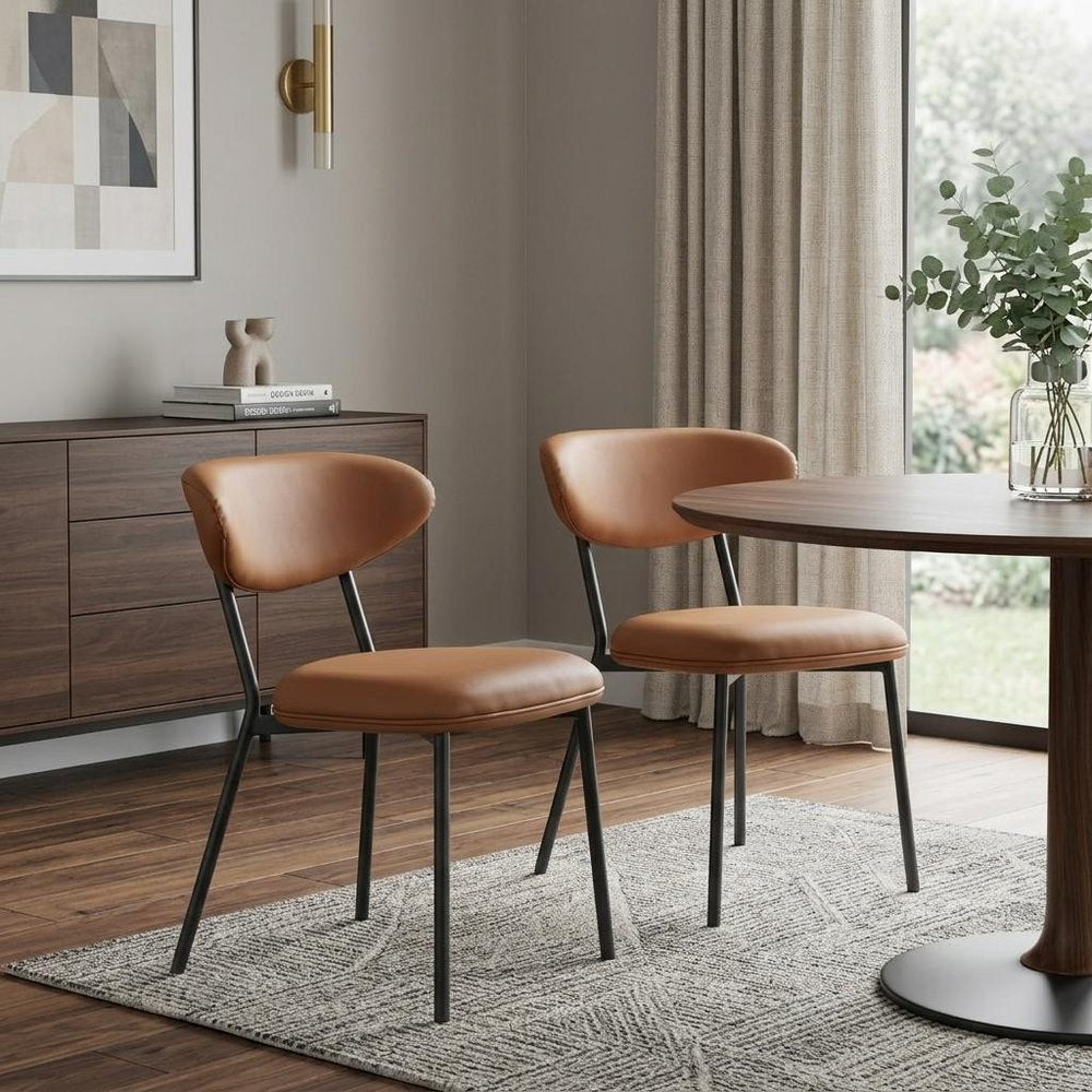 Set of Two Brown And Black Faux Leather And Wood And Steel Open Back Dining Side Chairs