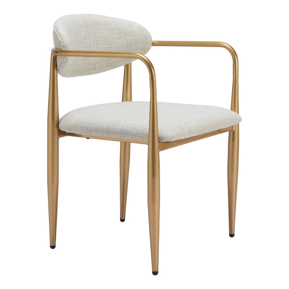 Set of Two Gray And Gold Upholstery And Steel Open Back Dining Arm Chairs