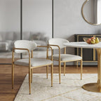 Set of Two Gray And Gold Upholstery And Steel Open Back Dining Arm Chairs