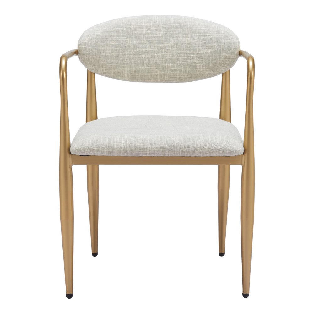 Set of Two Gray And Gold Upholstery And Steel Open Back Dining Arm Chairs