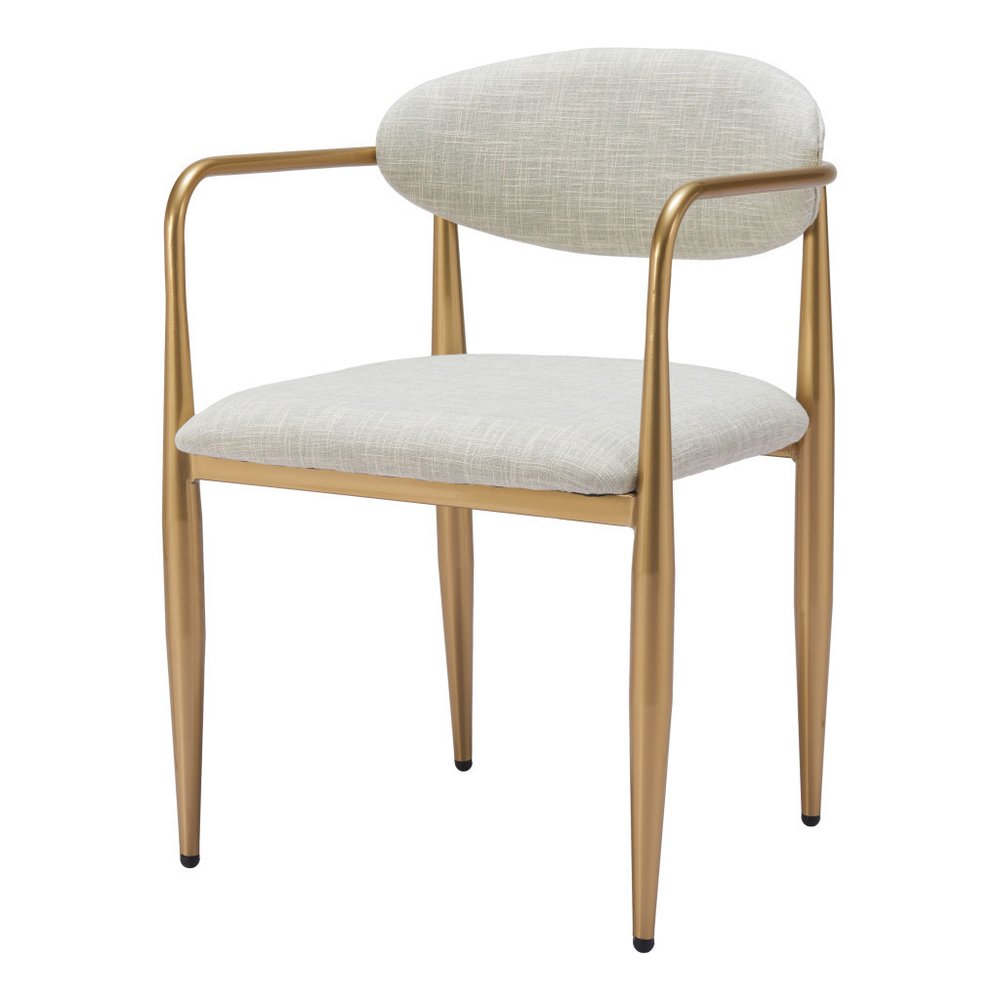 Set of Two Gray And Gold Upholstery And Steel Open Back Dining Arm Chairs