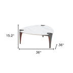 36" White and Black Sintered Stone Faux Leather And Steel Triangle Coffee Table