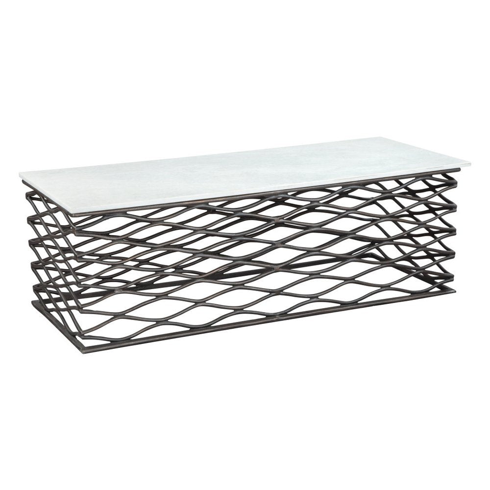 50" White and Antiqued Bronze Genuine Marble and Aluminum Abstract Coffee Table