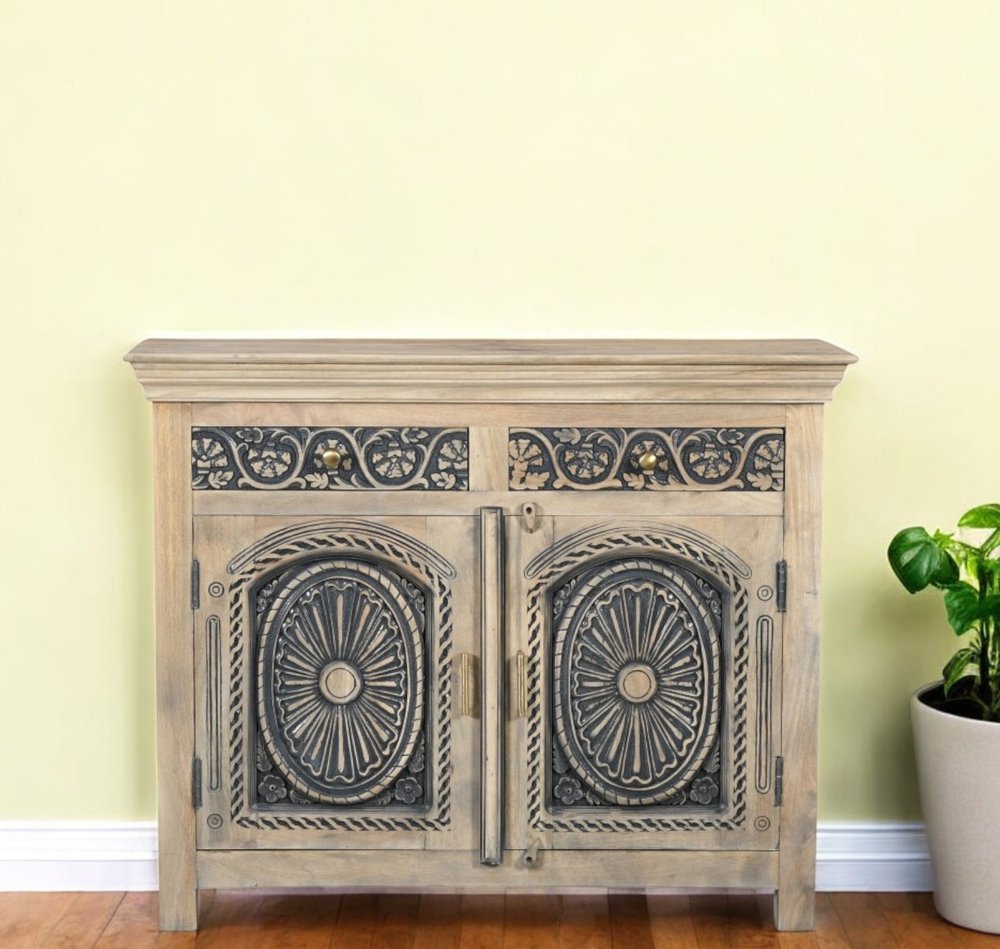 46" Black Distressed Solid Wood Carved Scrollwork Two Drawer Sideboard with Two Doors