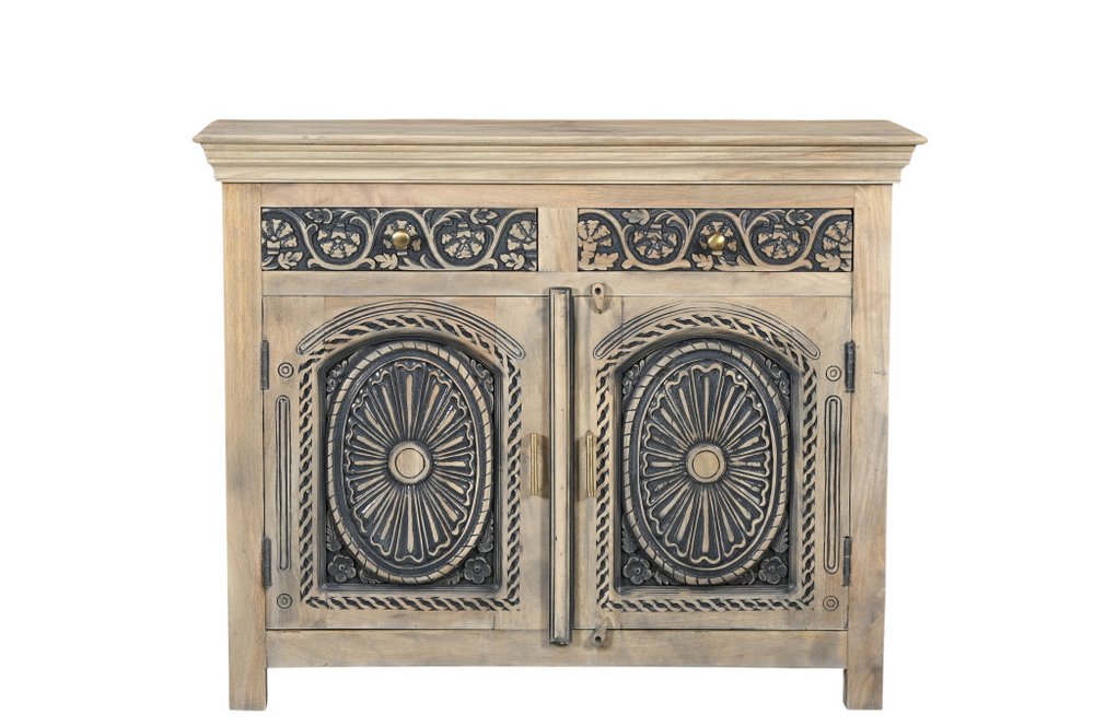 46" Black Distressed Solid Wood Carved Scrollwork Two Drawer Sideboard with Two Doors
