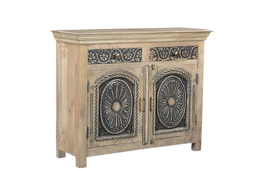 46" Black Distressed Solid Wood Carved Scrollwork Two Drawer Sideboard with Two Doors