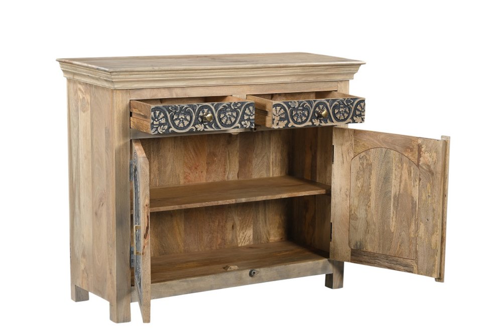 46" Black Distressed Solid Wood Carved Scrollwork Two Drawer Sideboard with Two Doors