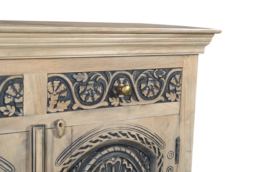 46" Black Distressed Solid Wood Carved Scrollwork Two Drawer Sideboard with Two Doors