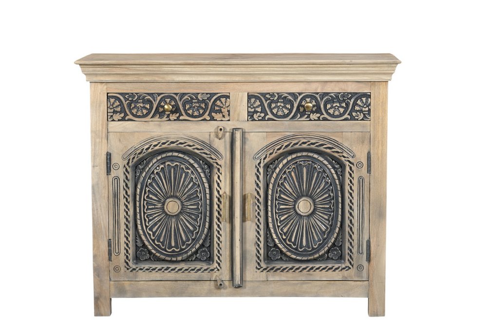 46" Black Distressed Solid Wood Carved Scrollwork Two Drawer Sideboard with Two Doors