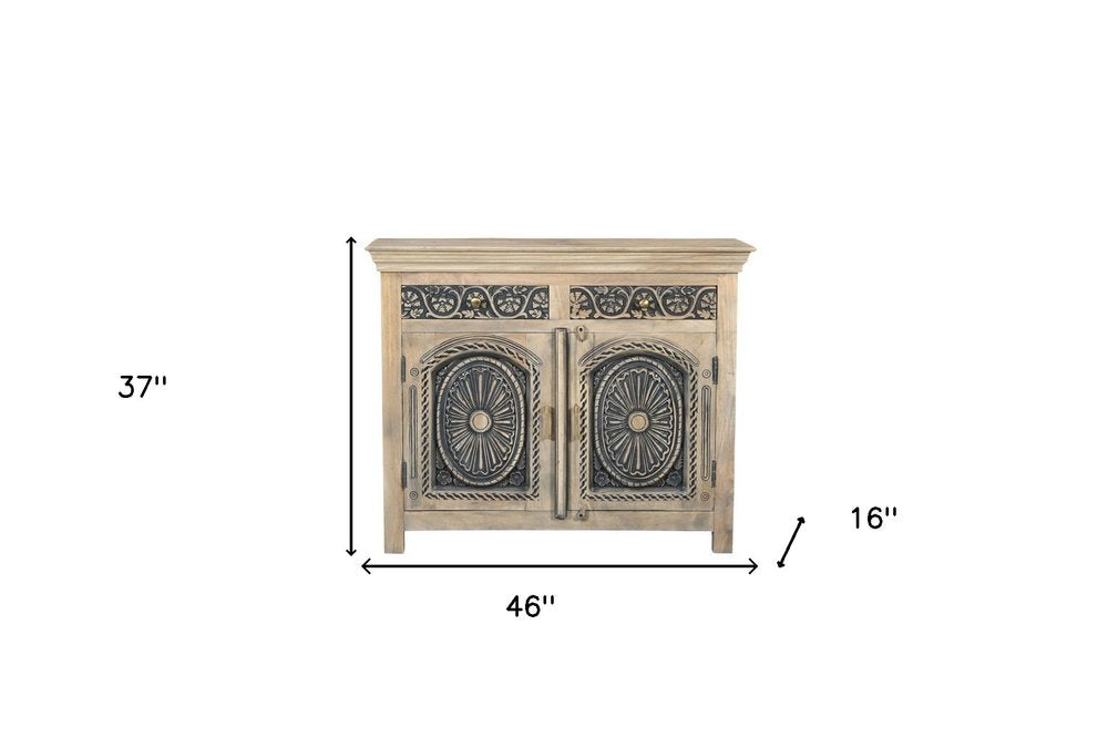 46" Black Distressed Solid Wood Carved Scrollwork Two Drawer Sideboard with Two Doors