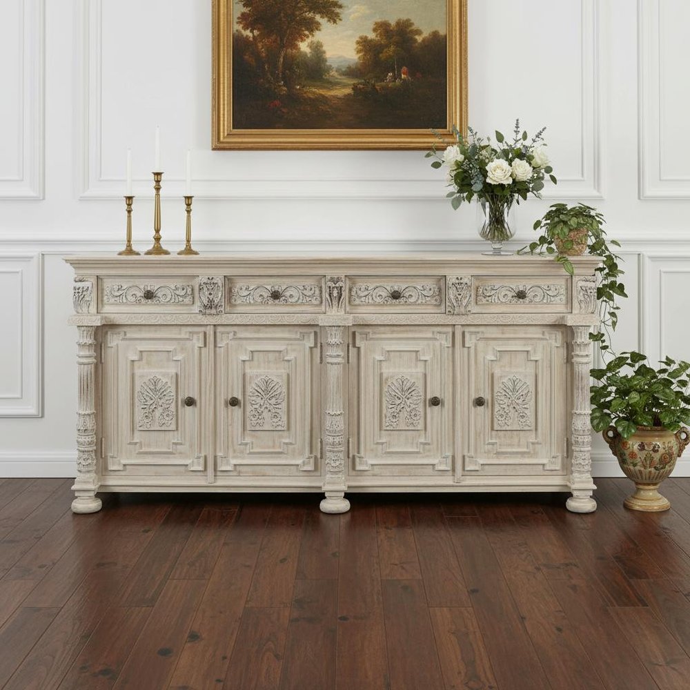 89" White Distressed Solid Wood Carved Scrollwork Four Drawer Sideboard With Four Doors