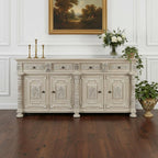 89" White Distressed Solid Wood Carved Scrollwork Four Drawer Sideboard With Four Doors