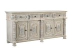 89" White Distressed Solid Wood Carved Scrollwork Four Drawer Sideboard With Four Doors