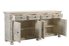 89" White Distressed Solid Wood Carved Scrollwork Four Drawer Sideboard With Four Doors
