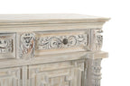 89" White Distressed Solid Wood Carved Scrollwork Four Drawer Sideboard With Four Doors