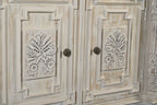 89" White Distressed Solid Wood Carved Scrollwork Four Drawer Sideboard With Four Doors