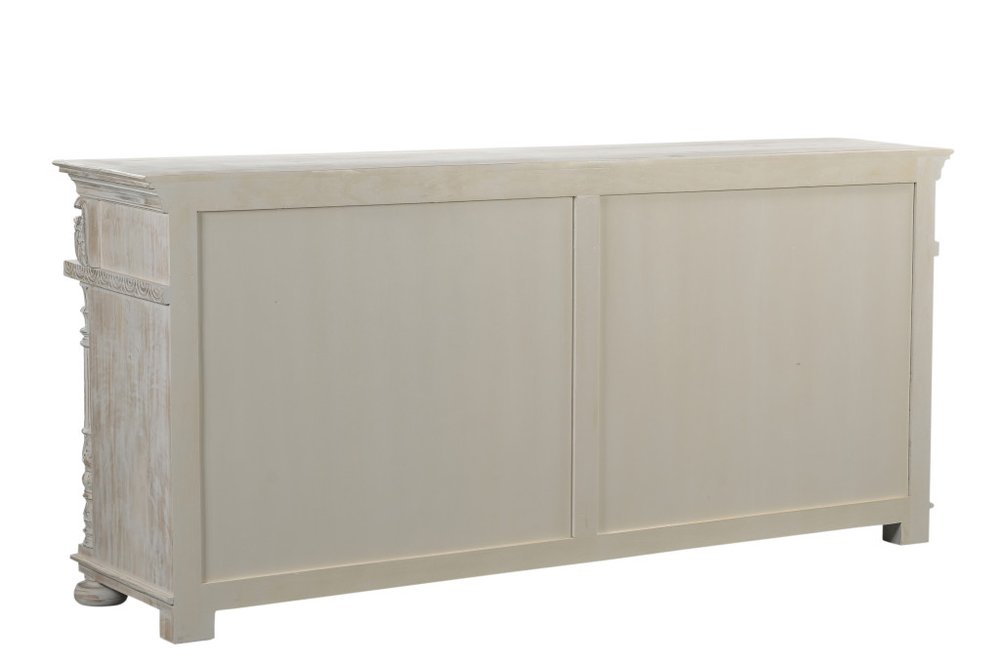 89" White Distressed Solid Wood Carved Scrollwork Four Drawer Sideboard With Four Doors