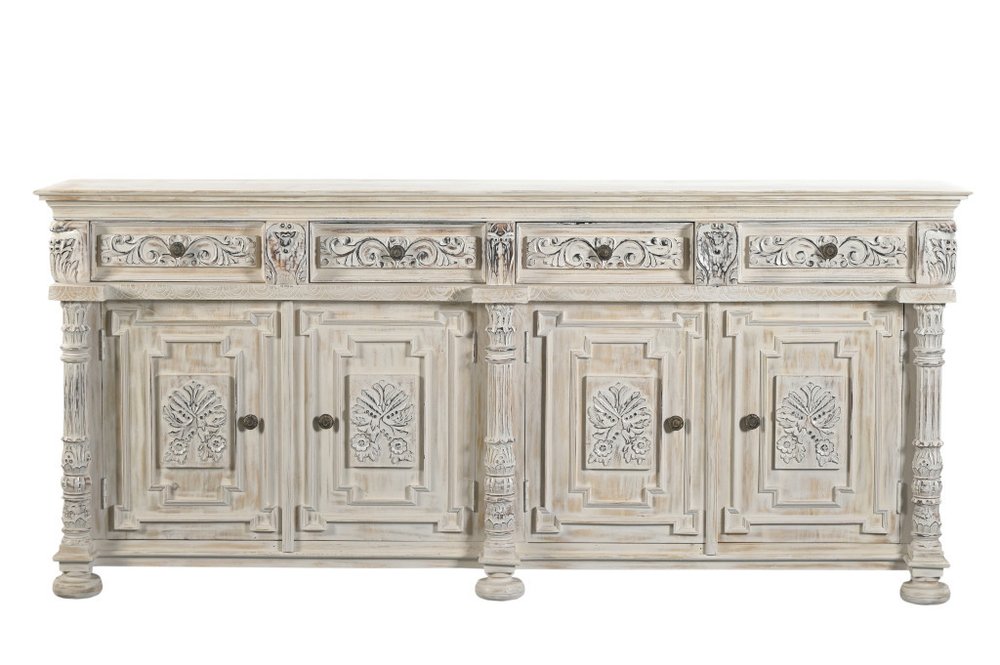 89" White Distressed Solid Wood Carved Scrollwork Four Drawer Sideboard With Four Doors