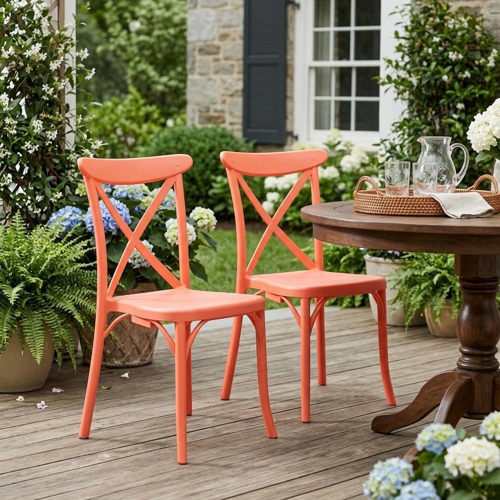 Set of Two Salmon Heavy Duty Plastic Outdoor Stacking Dining Chairs