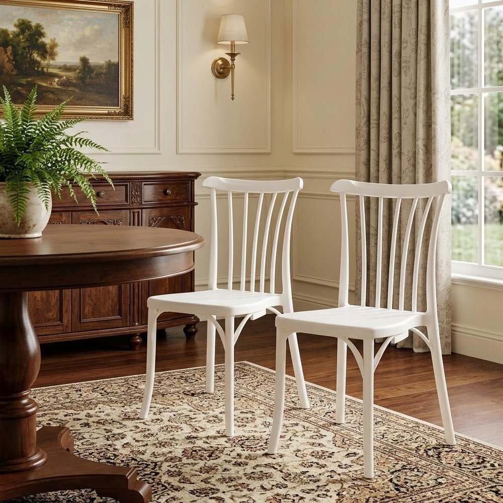 Set of Two White Heavy Duty Plastic Outdoor Stacking Dining Chairs