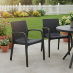 Set of Two Black Faux Rattan Heavy Duty Plastic Outdoor Stacking Arm Chairs