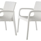 Set of Two White Faux Rattan Heavy Duty Plastic Outdoor Stacking Arm Chairs