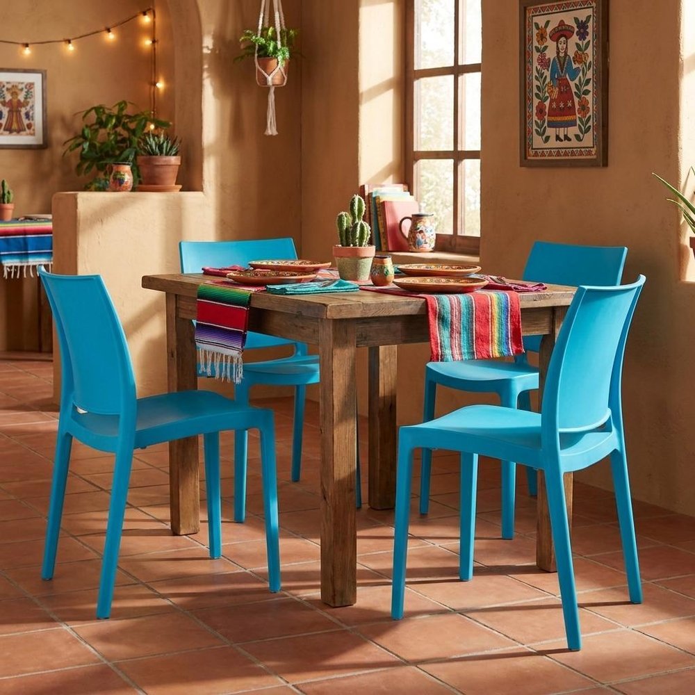 Set of Four Blue Heavy Duty Plastic Outdoor Stacking Dining Chairs