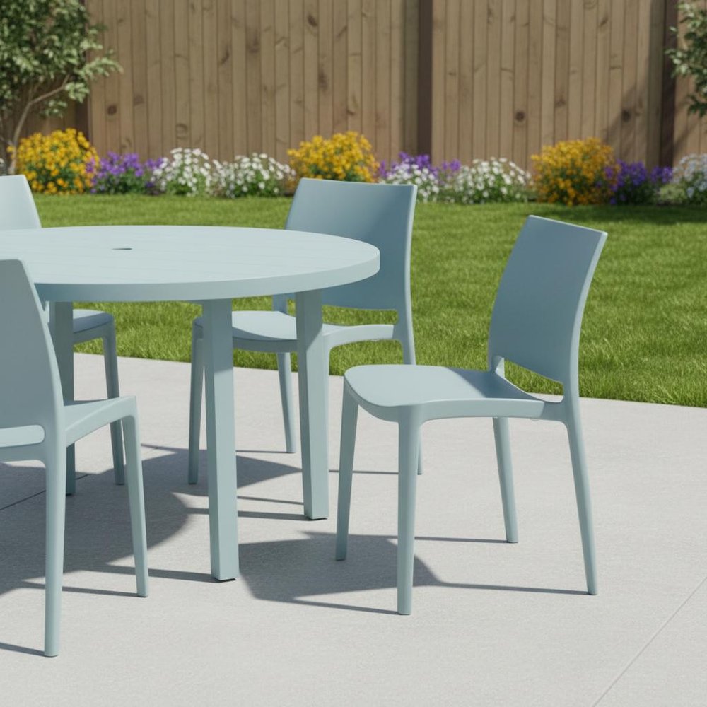 Set of Four Blue Heavy Duty Plastic Outdoor Stacking Dining Chairs