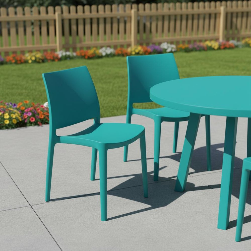 Set of Four Blue Heavy Duty Plastic Outdoor Stacking Dining Chairs
