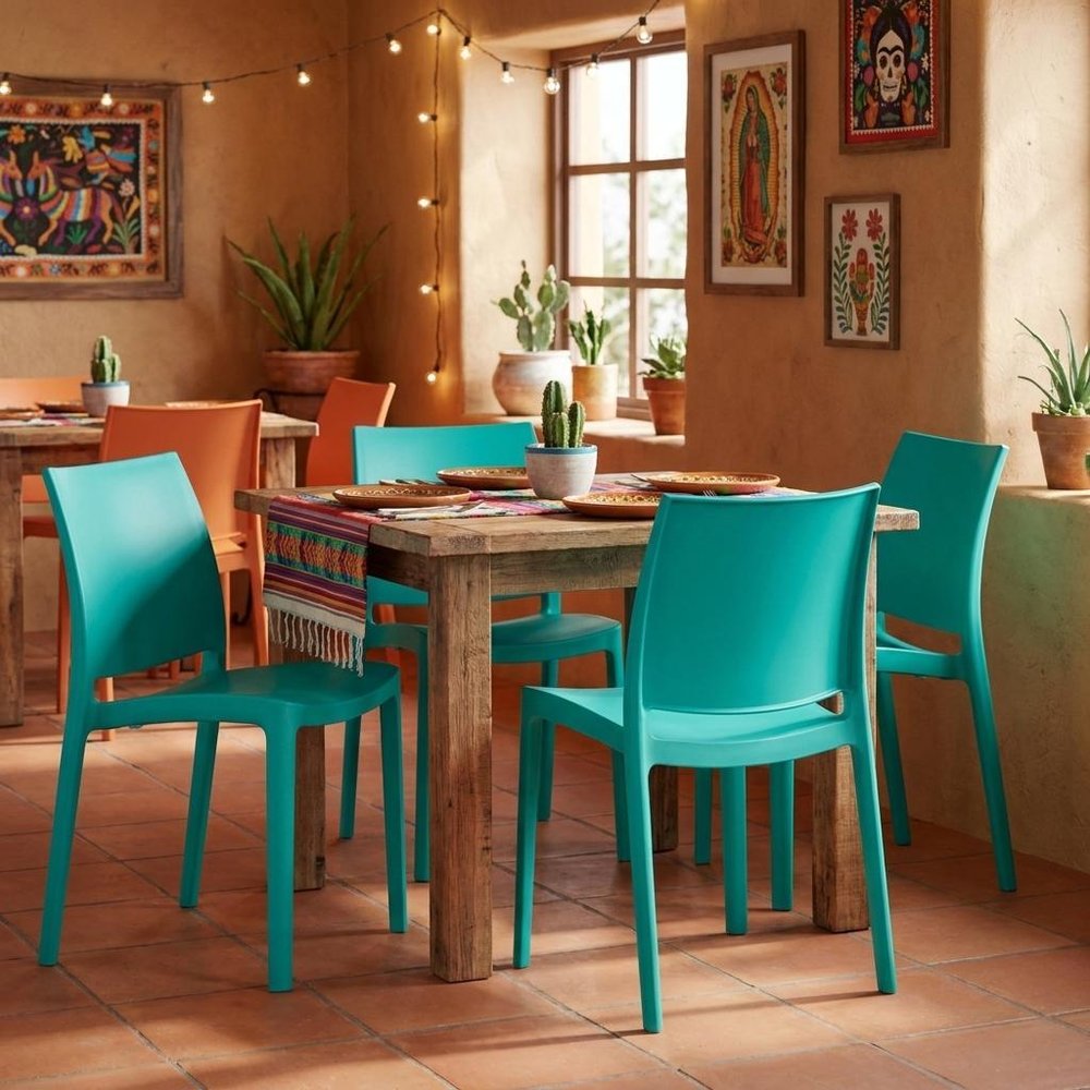 Set of Four Blue Heavy Duty Plastic Outdoor Stacking Dining Chairs